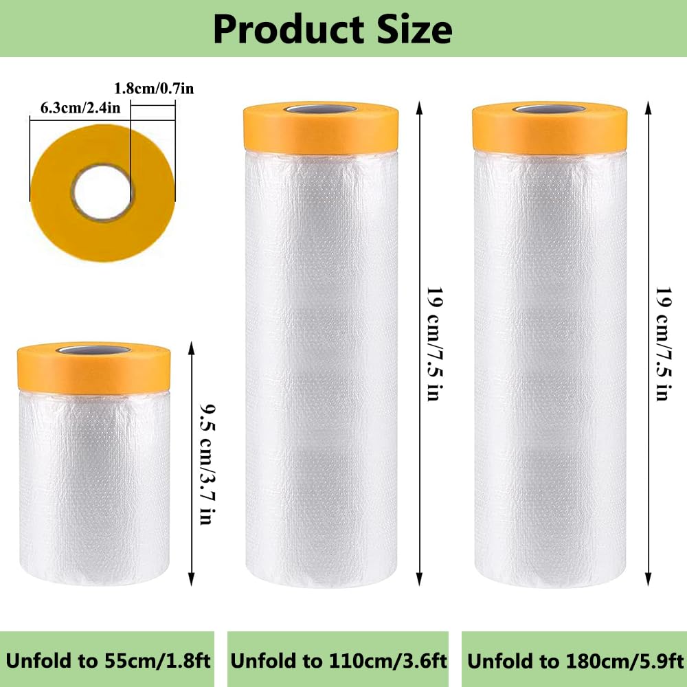 Pre-Taped Masking Film-22inx65ft Tape and Drape Painters Plastic Rolls, Plastic Painting Film for Automotive Painting Covering,Protective Drop Film for Furniture, Car, Floor (2rolls, 22in×65ft)