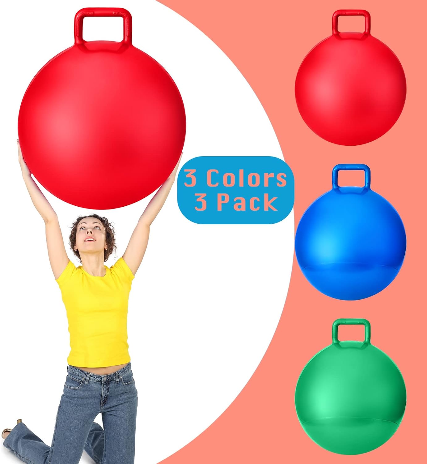 Lewtemi 3 Pcs 29 Inch Bouncing Ball with Handle, Outdoors Hopper Jumping Hopping Ball and Air Pump for Sports Exercise (Red, Blue, Green)