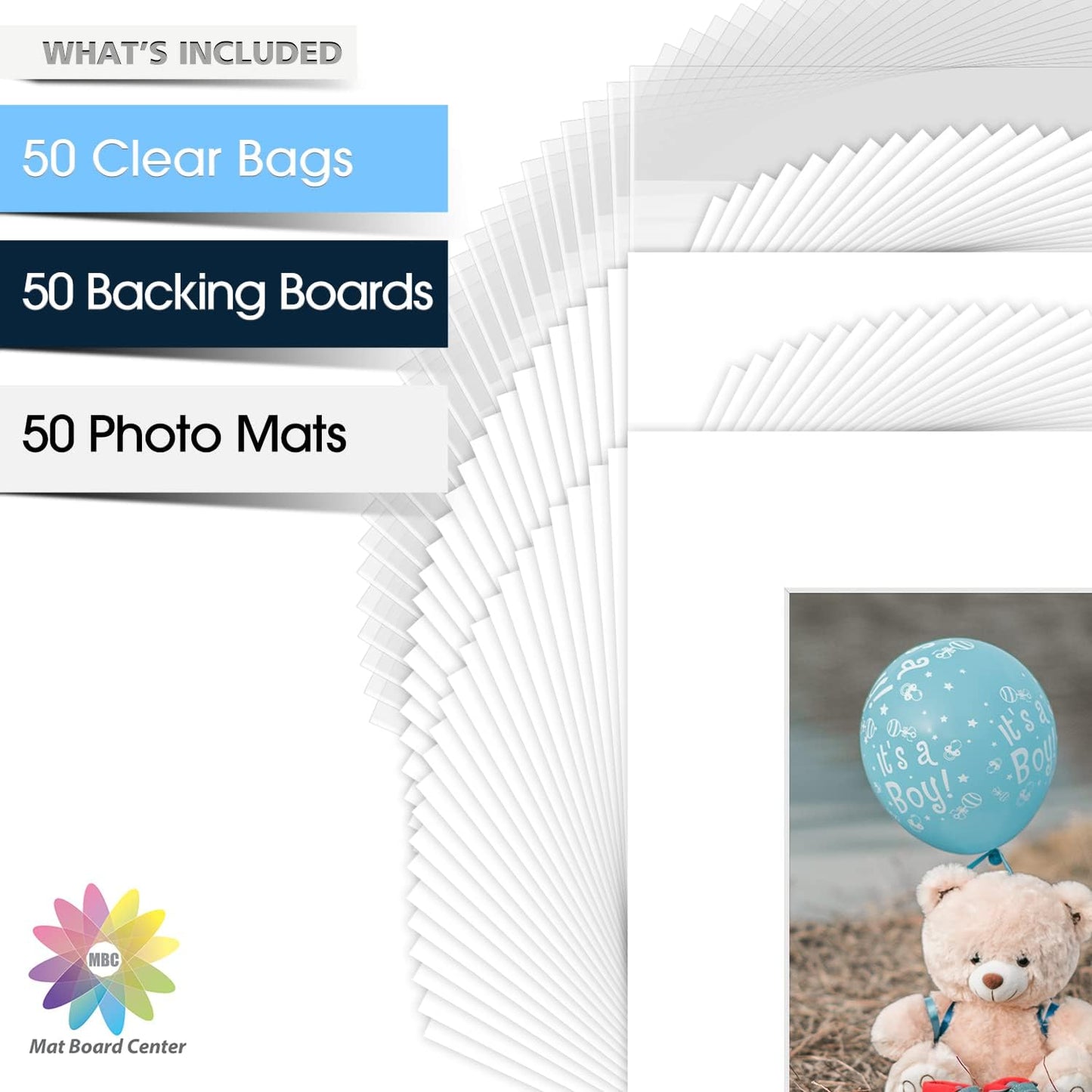 Mat Board Center, Pack of 50, 8x10 for 5x7 White Picture Mat Sets - Acid Free, 4-ply Thickness, Bevel Pre-Cut White Core - Includes Backing Boards and Clear Bags - for Pictures, Photos, Framing