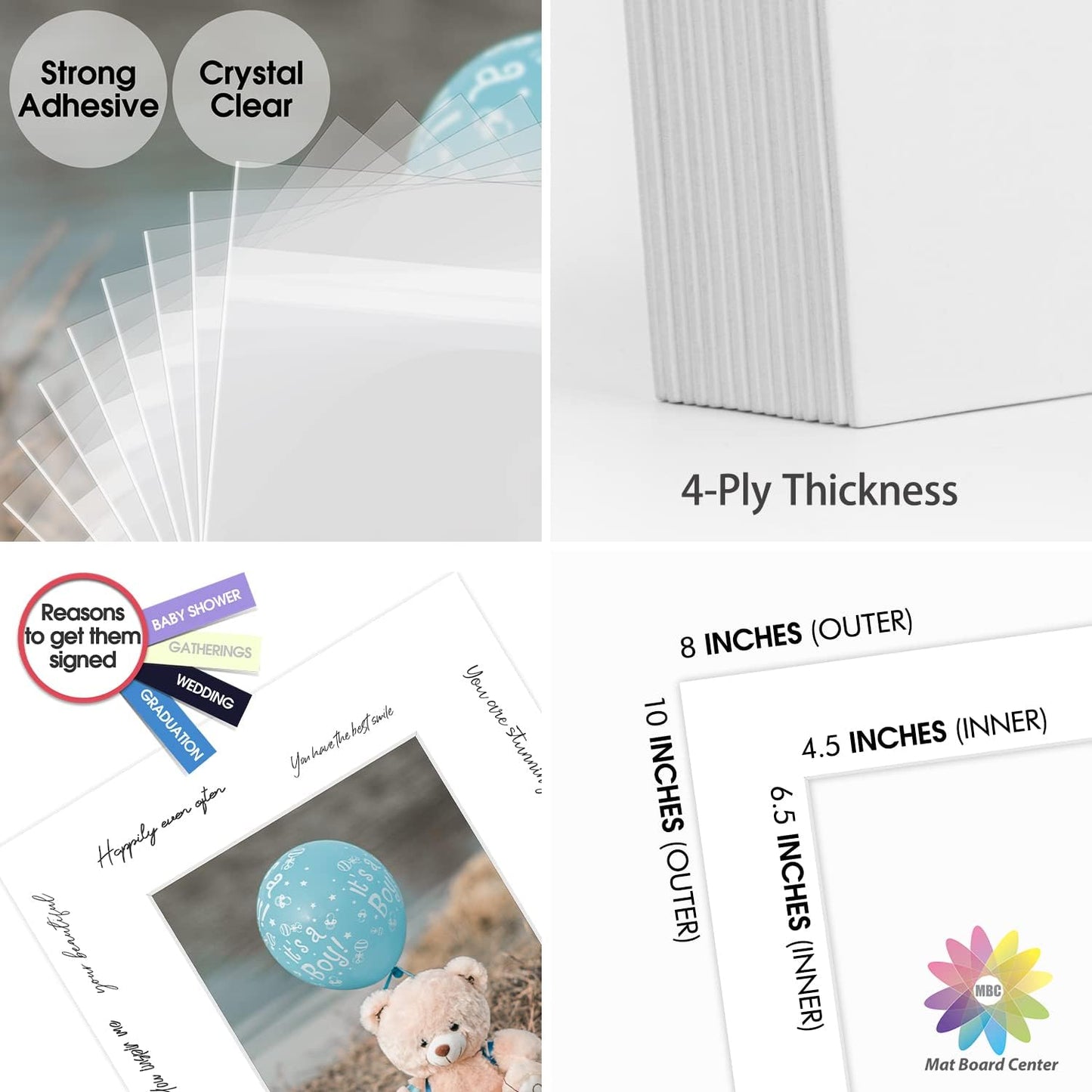 Mat Board Center, Pack of 50, 8x10 for 5x7 White Picture Mat Sets - Acid Free, 4-ply Thickness, Bevel Pre-Cut White Core - Includes Backing Boards and Clear Bags - for Pictures, Photos, Framing