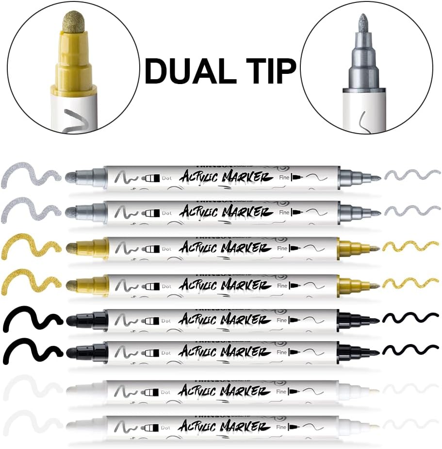TRANSON 2 Gold, 2 Silver, 2 Black and 2 White Paint Markers Bold and Fine Dual-tip Acrylic Paint Marker Set for Rock Painting Glass Canvas Wood Leather Ceramic Painting