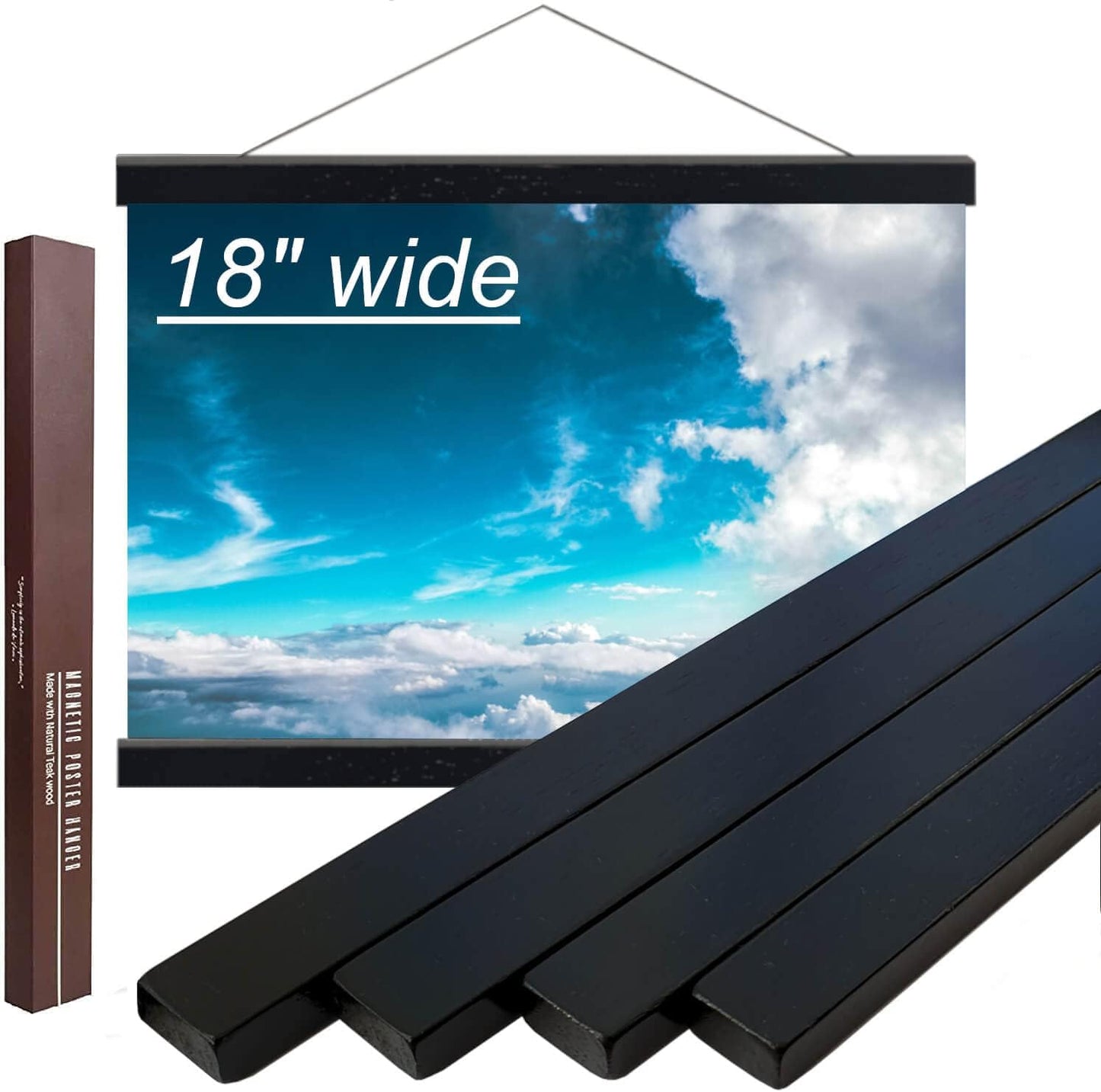 DACRI HOME 18" Magnetic Poster Hanger Frame - Teak Wood Poster Frame, Strong Magnets for Safe Hanging Picture Print Map Scroll Wall Art 18x24 18x36 (18 inch/45 cm, Black)