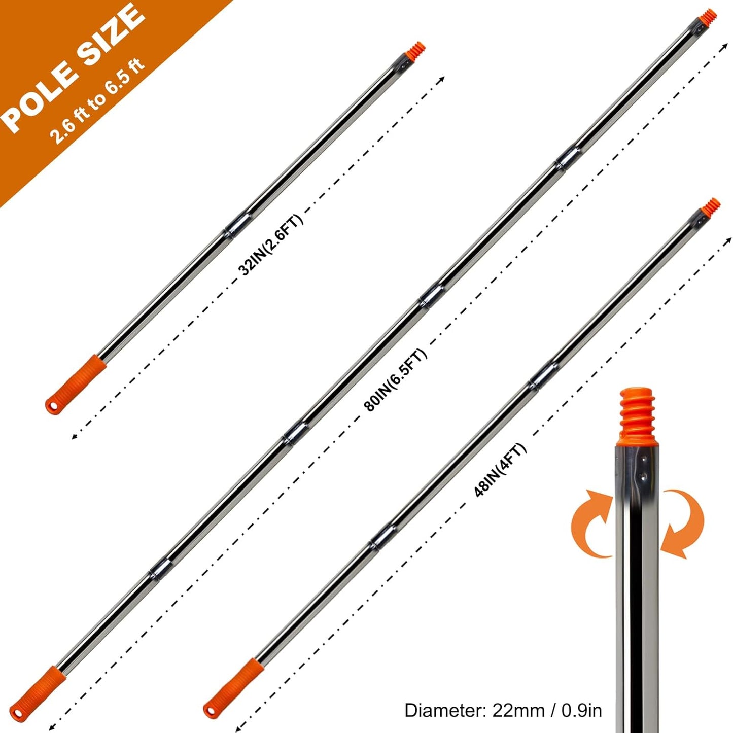 5 PCS Total 6.5 Ft Extension Pole, Paint Roller Stainless-Steel Threaded Splicing Extension Poles for Hand Drywall Sander Wall Cleaning and Polishing Paint Roller Brushes