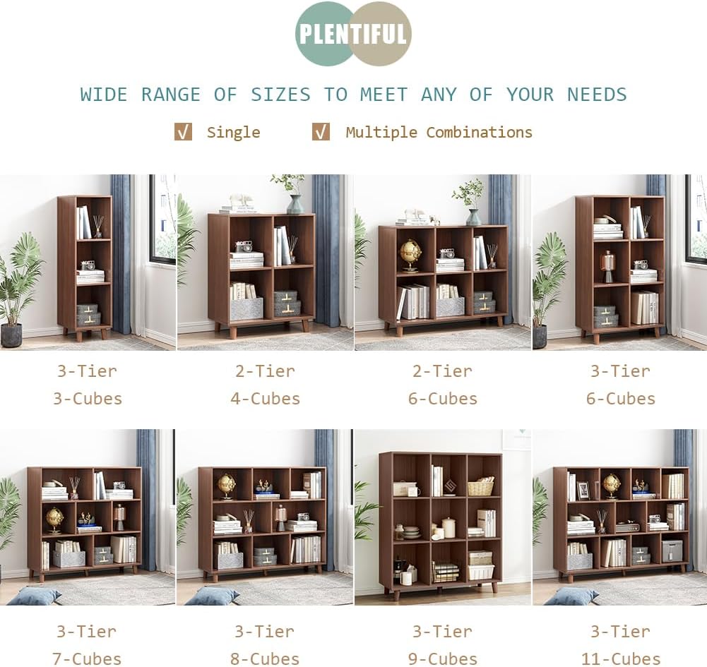 IOTXY Open Cube Low Bookcase - 3-Tier Freestanding Storage Display Cabinet Organizer with Legs for Home Office, 11-Cubes Open Shelf Short Bookshelf, Walnut