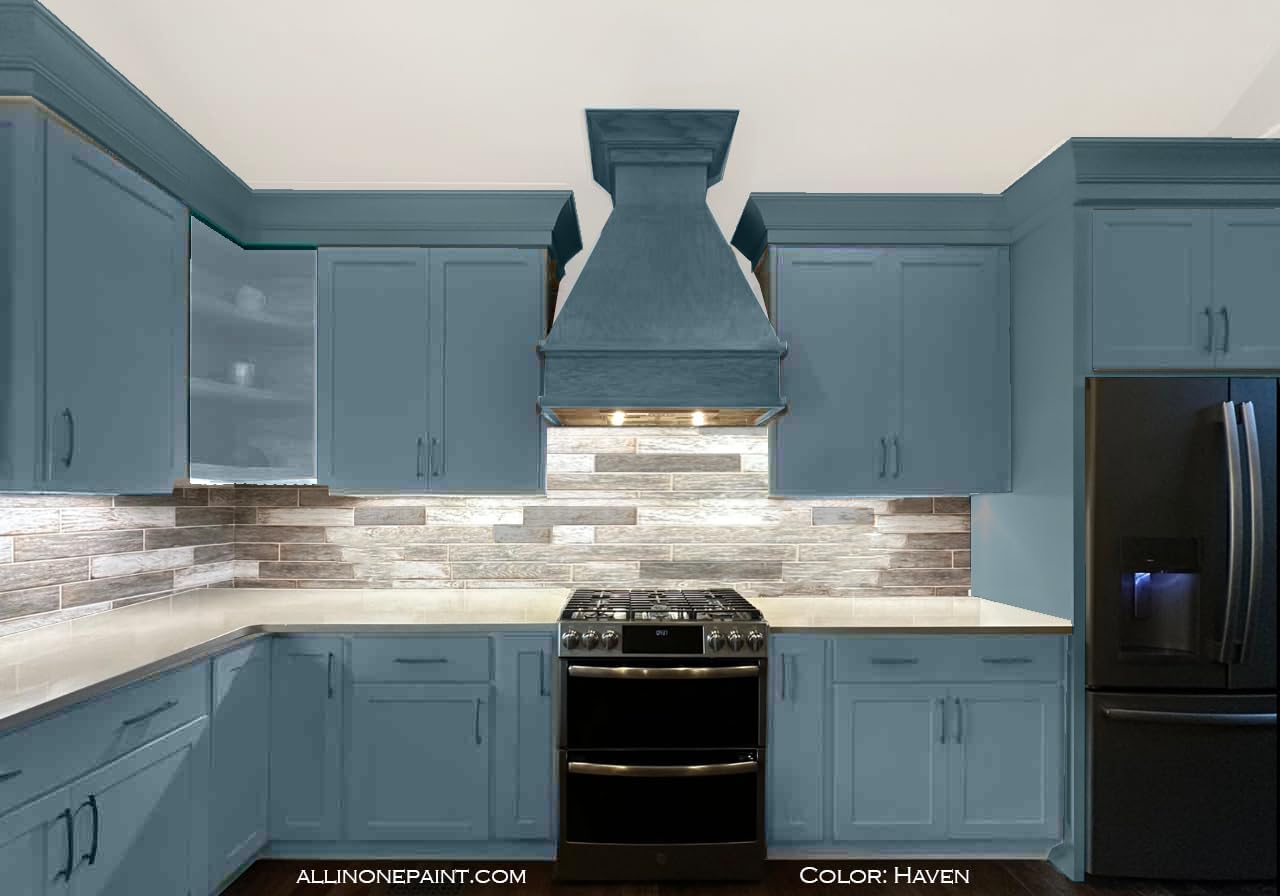 ALL-IN-ONE Paint, Durable cabinet and furniture paint. Built in primer and top coat, no sanding needed. Includes our 30 featured color card - Haven (heathered, muted blue), Gallon