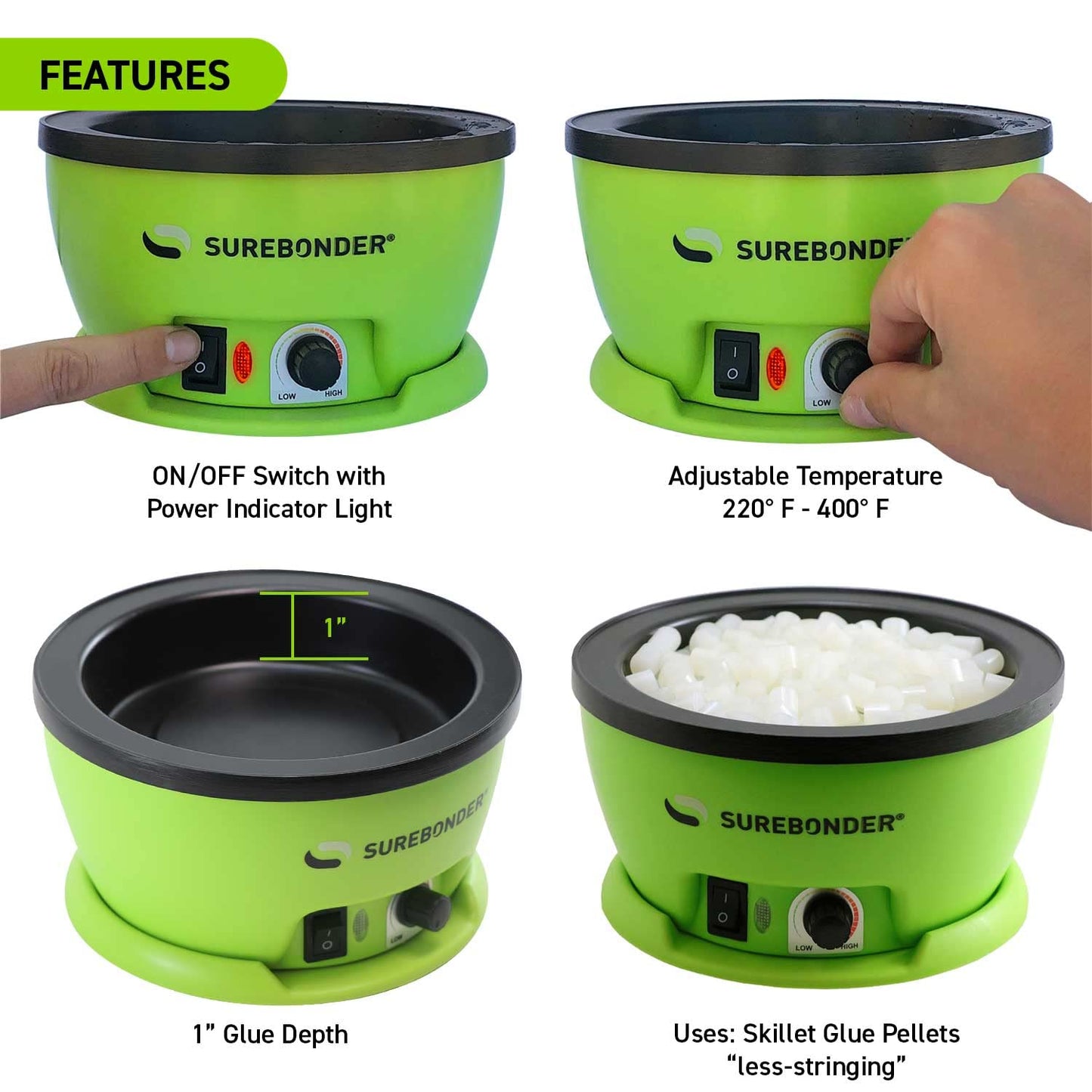 Surebonder 803 Electric Hot Glue Skillet, Adjustable Temperature 225-400°F, 5.25-Inch Diameter, 1-Inch Depth, Dip Crafts Directly Into Pot of Hot Glue, Green and Black