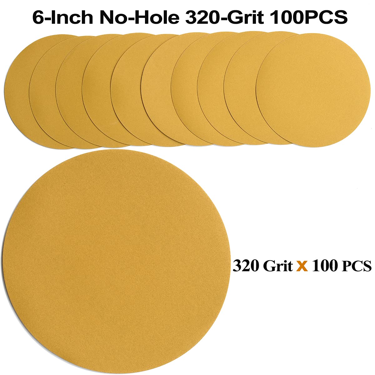 6-Inch No-Hole Hook and Loop Sanding Discs 320-Grit, Random Orbital Sandpaper for Automotive and Woodworking, 100-Pack