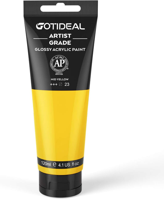 GOTIDEAL Acrylic Paint Mid Yellow Tubes(120ml, 4.1 oz) Non Toxic Non Fading,Rich Pigments for Painters, Adults & Kids, Ideal for Canvas Wood Clay Fabric Ceramic Craft Supplies (Mid Yellow)