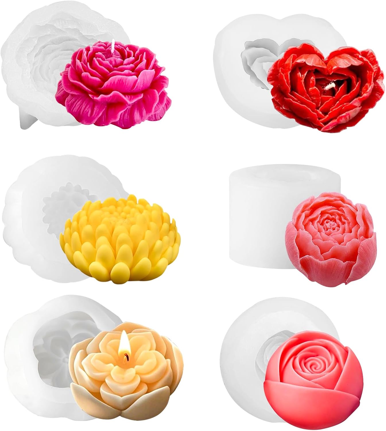 6PCS Flower Silicone Molds Set,3D Rose Flower Silicone Fondant Mold Valentine Day Silicone for Candle Making Molds Cake Mold for Chocolate Candy Pastry Dessert Resin Craft