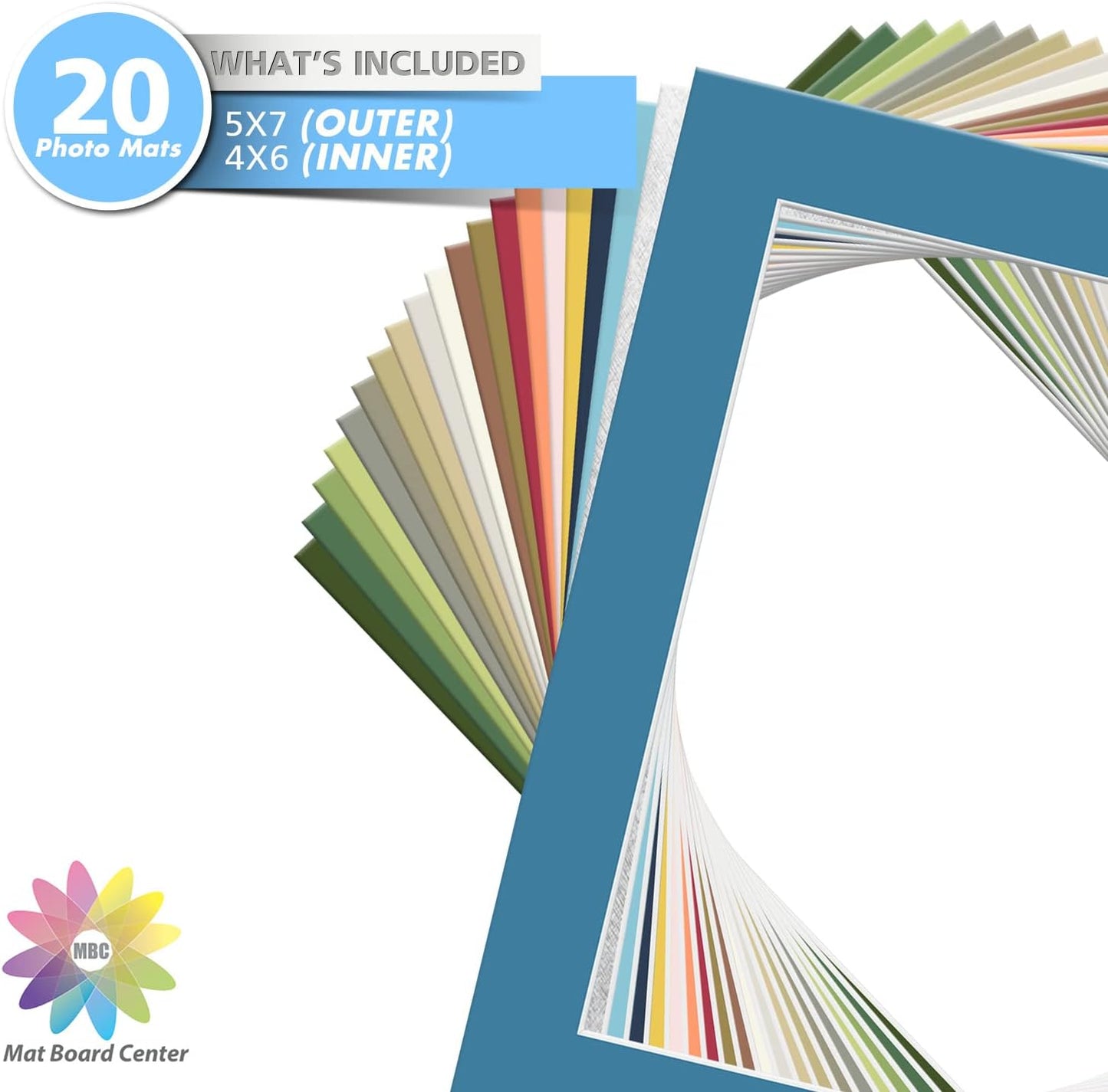 Mat Board Center, Pack of 20, 5x7 Mixed Colors White Core Picture Mats Mattes Matting for 4x6 Photo