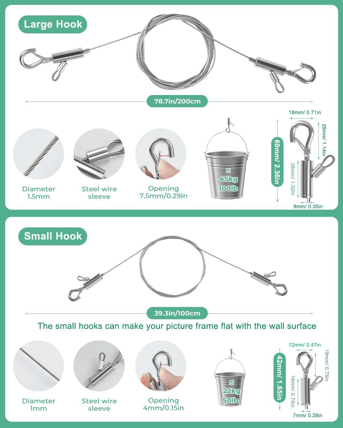 4PCS Adjustable Picture Hanging Wire 1.5m x 1.5mm Large Hooks, Picture Frame Wire Kit Heavy Duty 100lbs, Stainless Steel for Art, Mirror, Light Lamp, Billboards, Basket Flowerpot