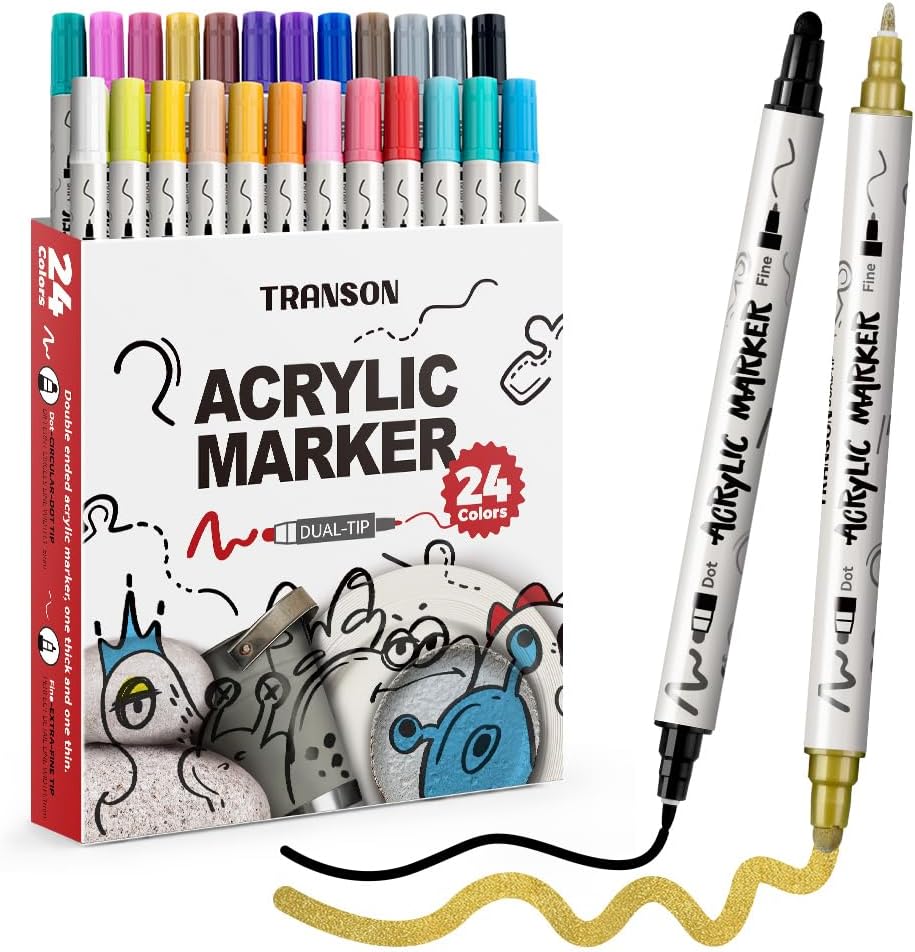 TRANSON 24 Color Bold and Fine Dual-tip Acrylic Paint Pen Set for Canvas Rock Wood Leather Ceramic DIY Painting