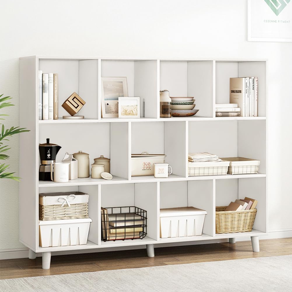 IOTXY Open Cube Low Bookcase - 3-Tier Freestanding Storage Display Cabinet Organizer with Legs for Home Office, 11-Cubes Open Shelf Short Bookshelf, White