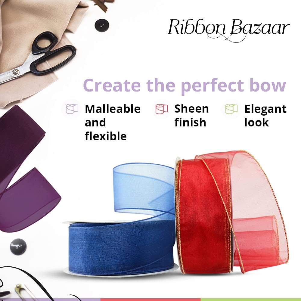Ribbon Bazaar Sheer Organza Wired Ribbon - 100% Polyester Wire Edged Ribbon for Floral Decor, Table Arrangements, Apparel Embellishment & More - 1-1/2" Apple Green 25yd