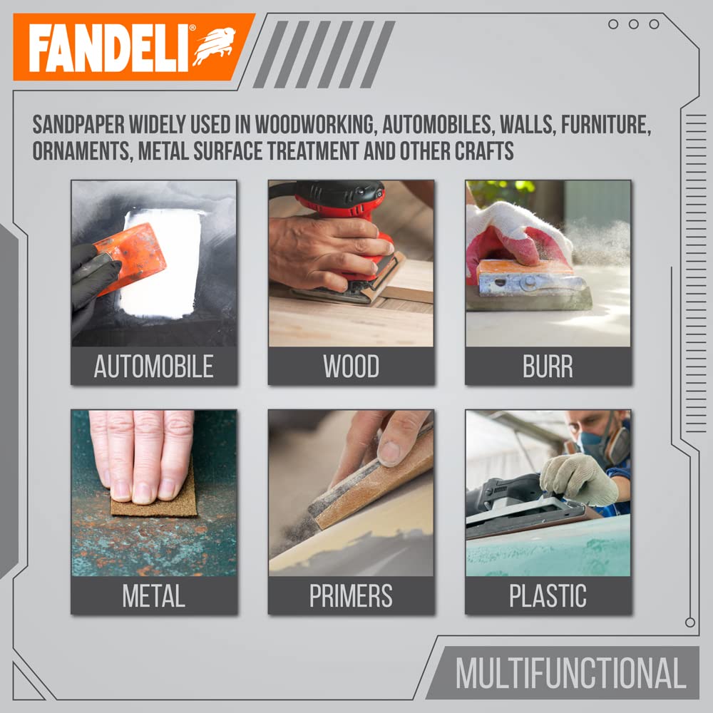 Fandeli | Multi-Purpose Sanding Paper | Assorted Grits (80,120,220) | 75 Sheets of 9'' x 11'' | Perfect for Sanding Metal and Sanding Wood | Hand Sanding | Orbital Sanders..