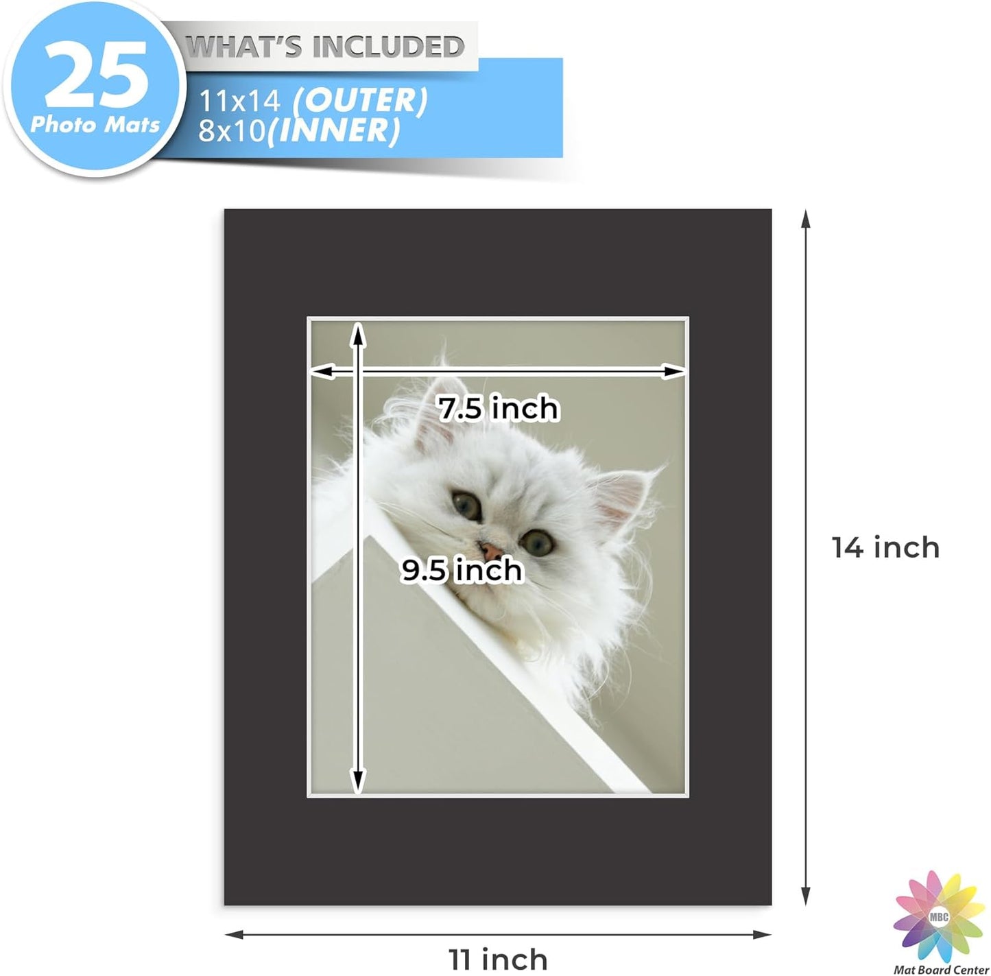 Mat Board Center, Pack of 25, 11x14 for 8x10 Black Mats - Acid Free, 4-ply Thickness, White Core - for Pictures, Photos, Framing