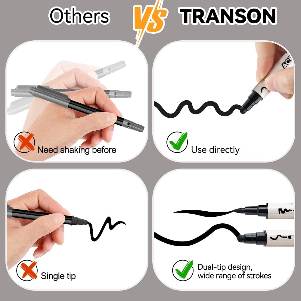 TRANSON 6 Black and 2 White Paint Markers Bold and Brush Dual-tip Acrylic Paint Marker for Rock Glass Canvas Wood Leather Ceramic DIY Painting