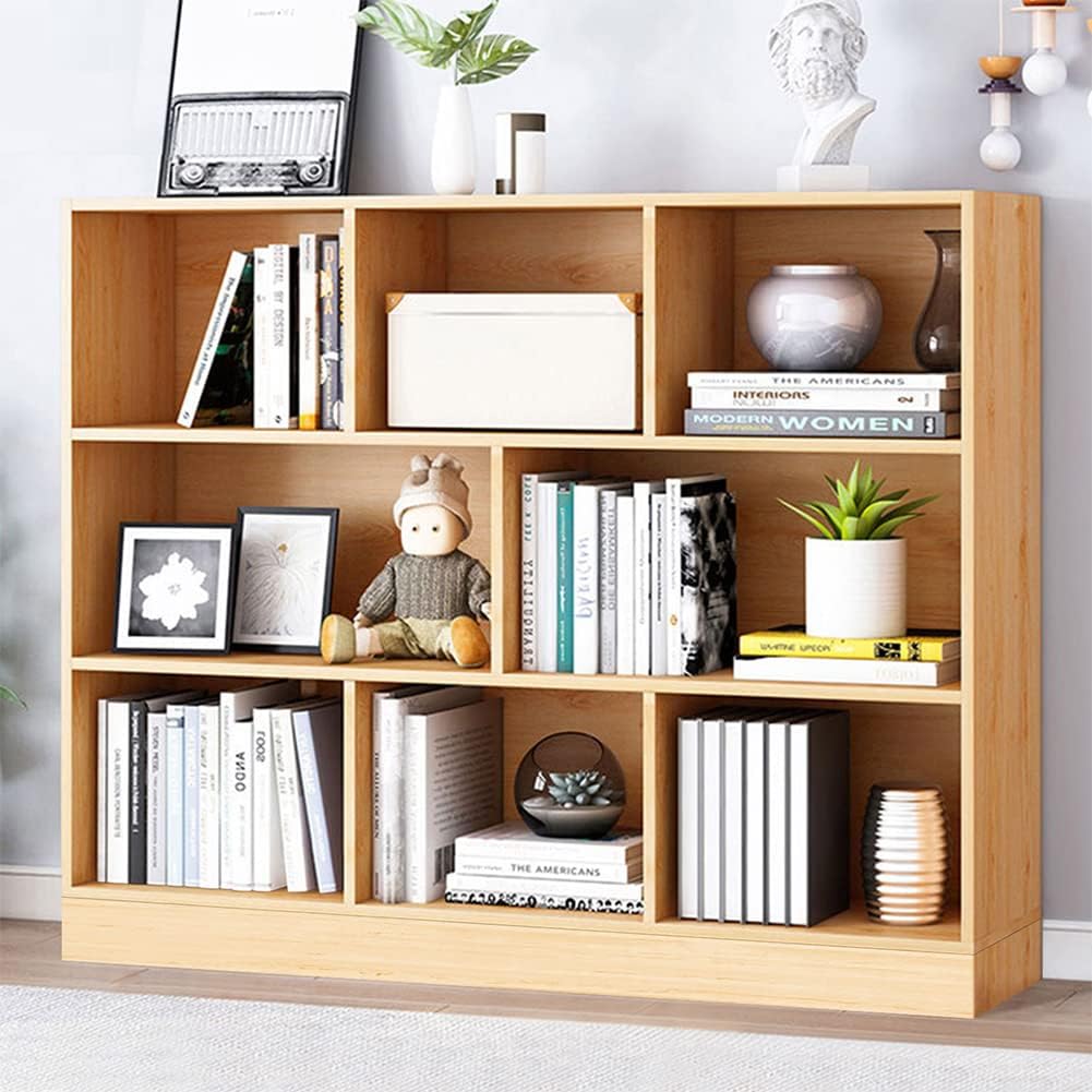 IOTXY Open Shelf Low Bookcase - Wooden 3-Tier Floor Standing Display Cabinet Organizer with Base, 8 Cubes Short Horizontal Bookshelf in Pear Yellow