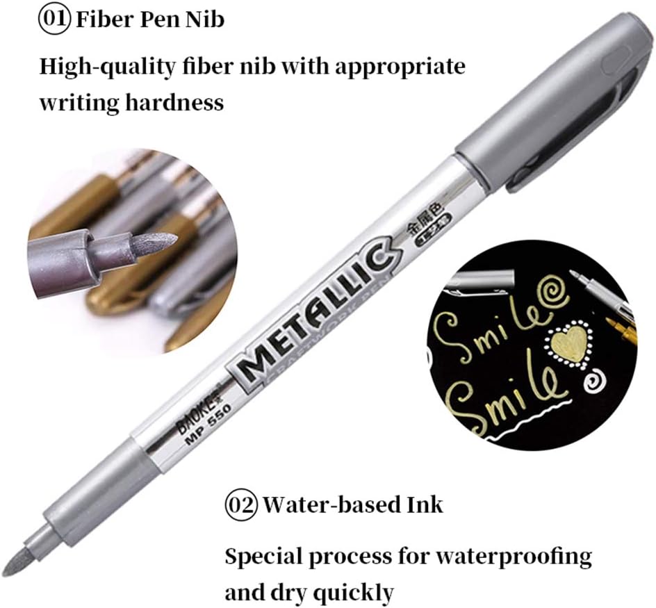 MYARTOOL Metallic Marker Pens, Silver Metallic Permanent Markers for Artist Illustration, Crafts, Gift Card Making, Scrapbooking, Fabric, DIY Photo Album, Value Set of 8
