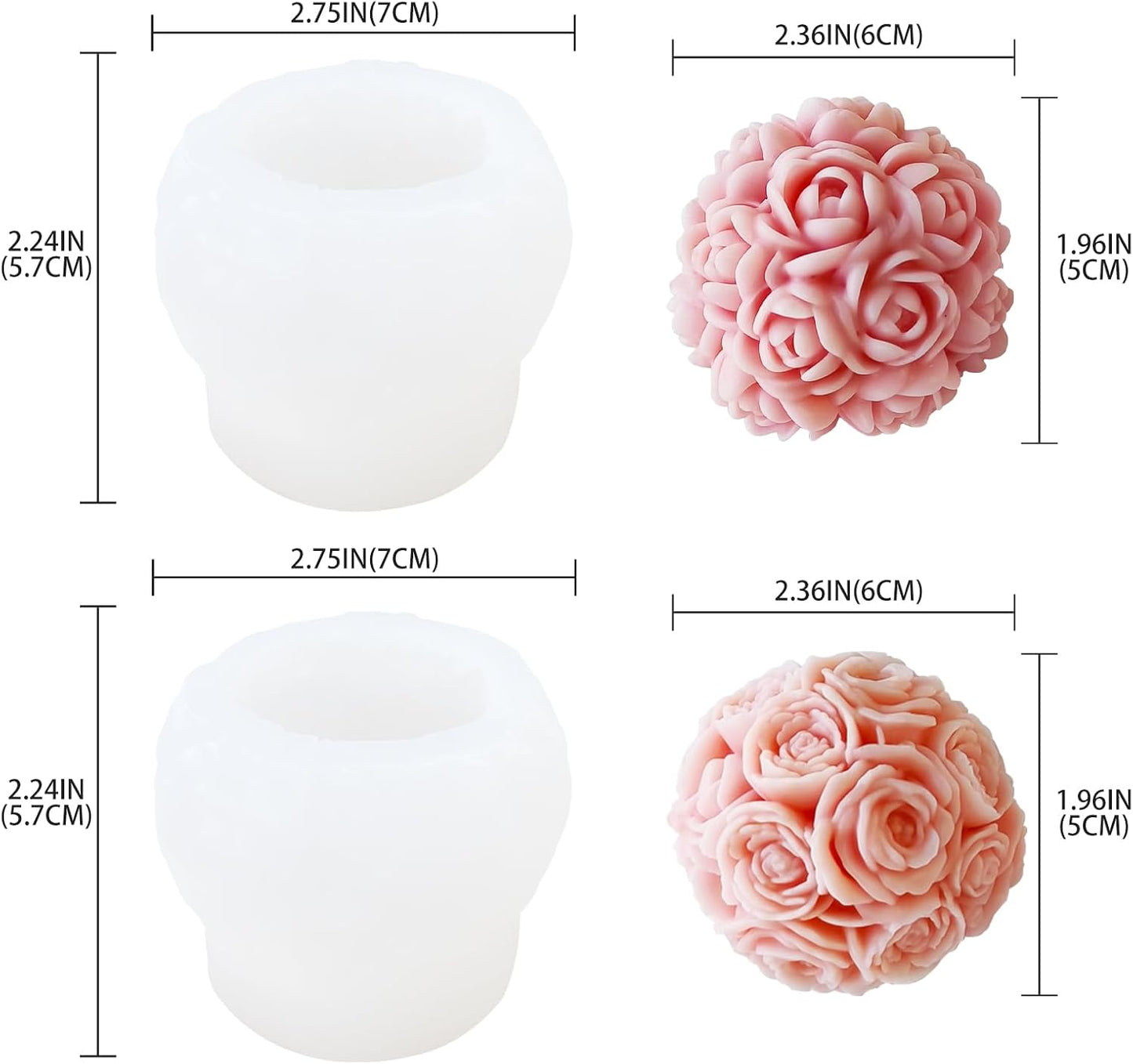 JDH 2 PCS Rose Ball Round Candle Mold 3D Rose Flowers Silicone Mold Flower Molds de silicona para velas for Candy & Home Decor - Resin Casting & Making Molds for Candle, Resin, Soap & Chocolate