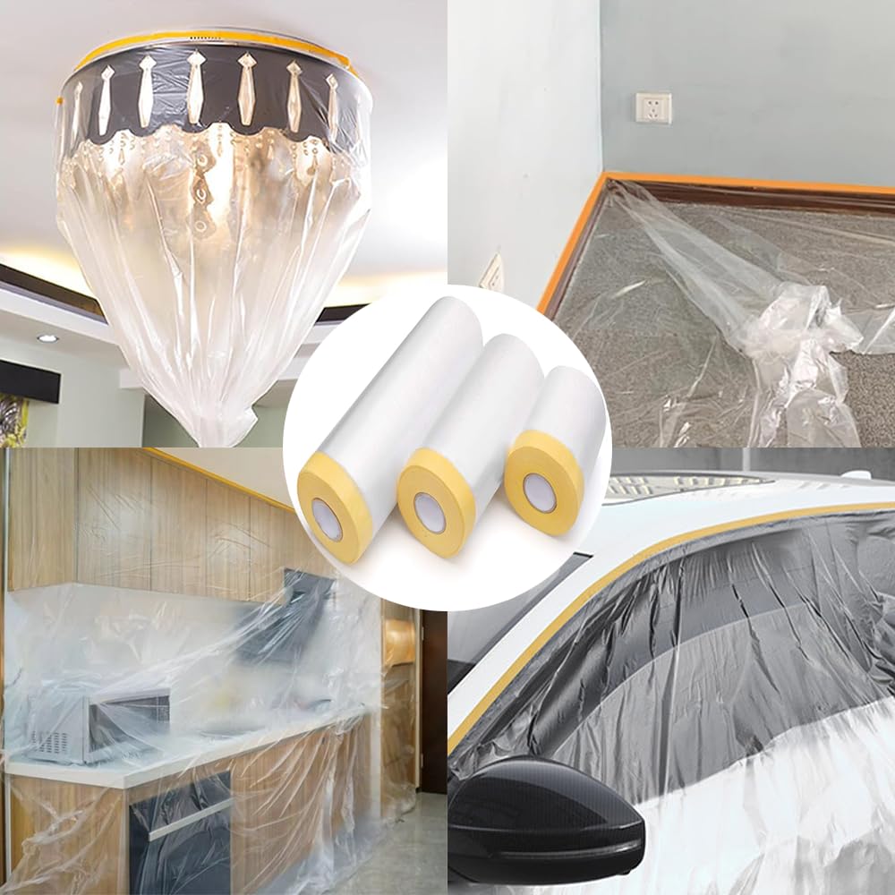 Pre-Taped Masking Film-22inx65ft Tape and Drape Painters Plastic Rolls, Plastic Painting Film for Automotive Painting Covering,Protective Drop Film for Furniture, Car, Floor (2rolls, 22in×65ft)