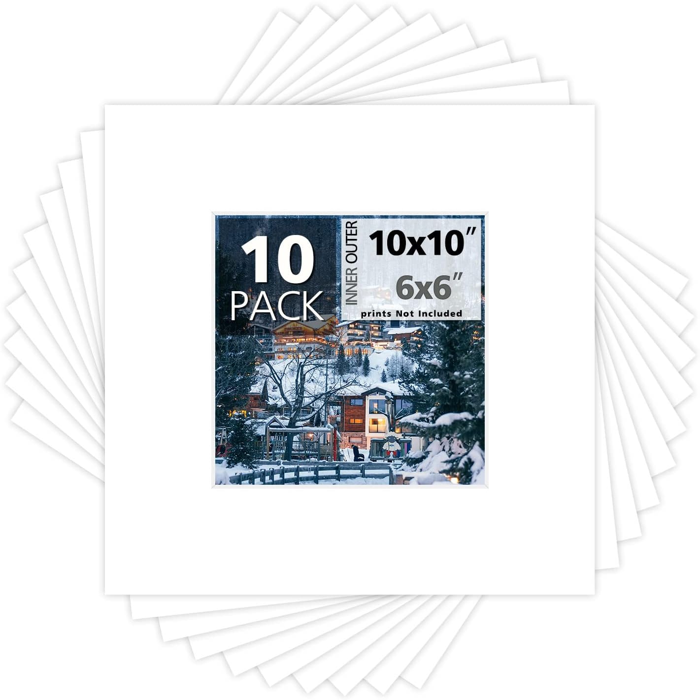 Mat Board Center, Pack of 10, 10x10 for 6x6 White Photo Picture Mats - Acid Free, 4-ply Thickness, White Core - for Pictures, Photos, Framing
