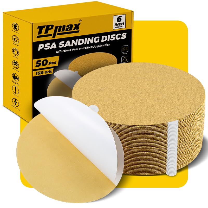 6-Inch 150-Grit Gold PSA Sanding Discs, 50 Pack – Pro-Grade Self-Adhesive Stickyback Sandpaper with Quick-Release Tabs for DA Sander, Medium-Fine Automotive/Wood/Metal Sanding