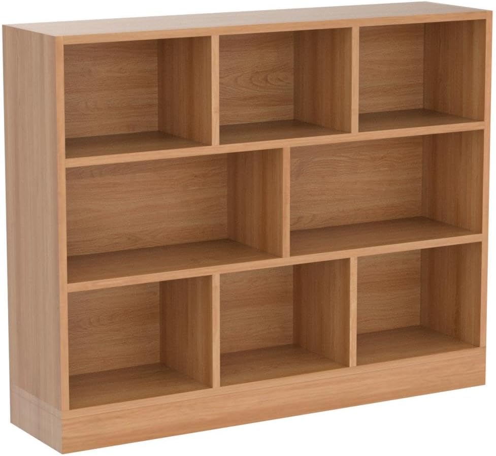 IOTXY Open Shelf Low Bookcase - Wooden 3-Tier Floor Standing Display Cabinet Organizer with Base, 8 Cubes Short Horizontal Bookshelf in Pear Yellow