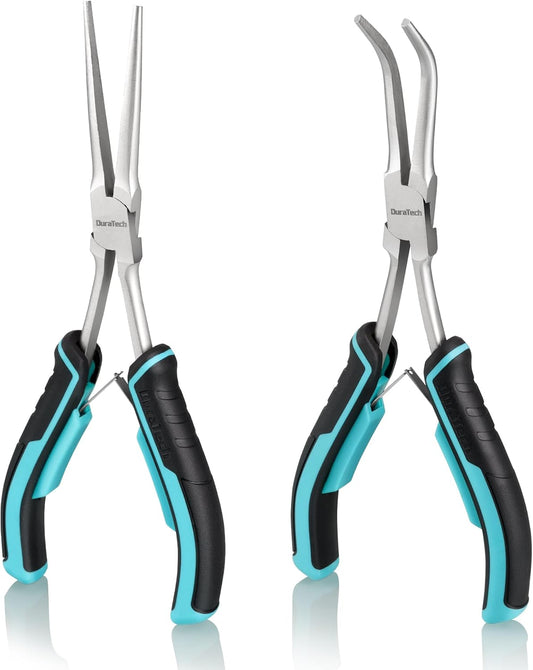 DURATECH 2PCS 7" Long Reach Needle Nose Pliers Set, Long Nose Pliers & Bent Nose Pliers, Small Needle Nose Pliers for Jewelry Making, Wire Wrapping, Wire Bending and Object Gripping on Narrow Space