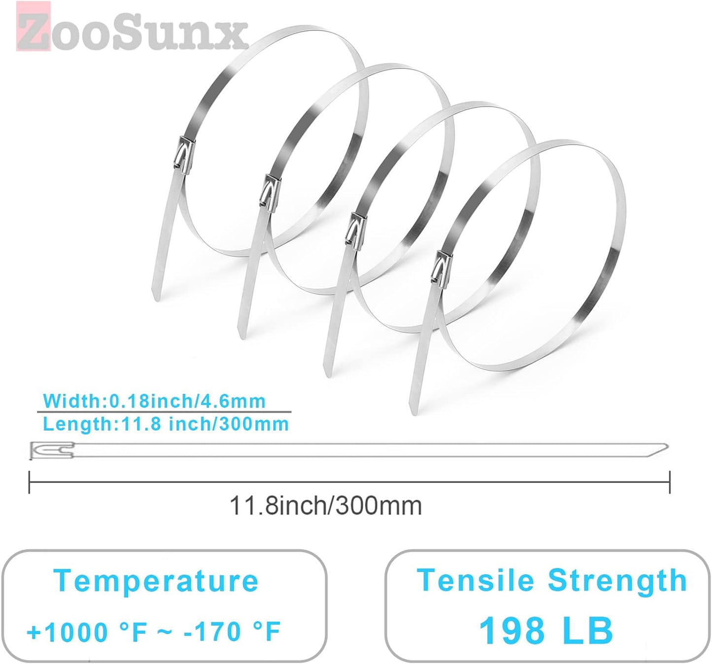 Metal Zip Ties (100PCS 11.8 Inch), 304 Stainless Steel, Heavy Duty Self-locking Cable Ties, for Exhaust Wrap, Chain Link Fence Parts, Heat Resistant Fencing Tie. for Pipe, Auto repair.