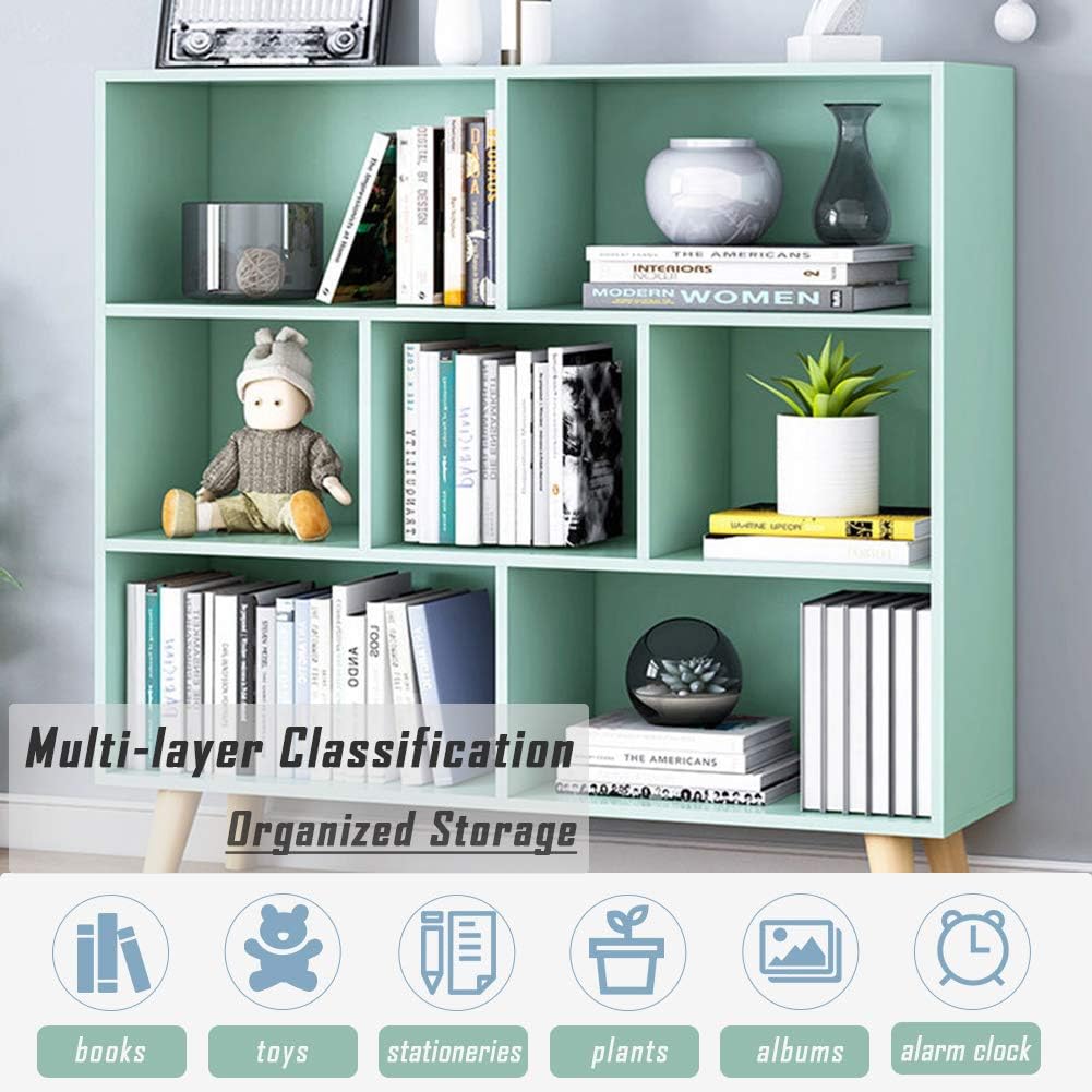 IOTXY Wooden Open Shelf Bookcase - 3-Tier Floor Standing Display Cabinet Rack with Legs, 7 Cubes Bookshelf, Tiffany-Green