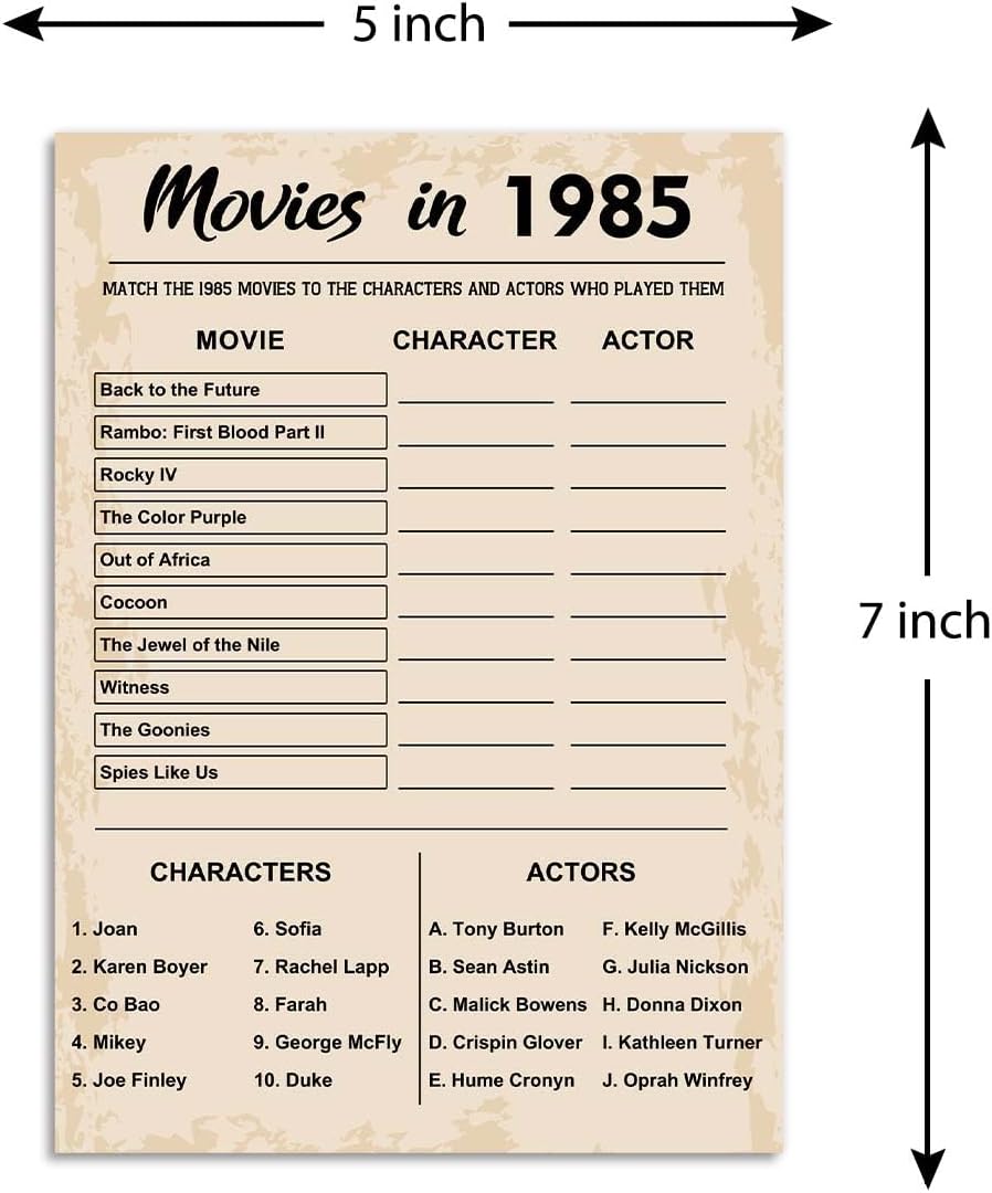 40th Birthday Party Games, Movies in 1985 Games, Birthday Party Supplies for Adults, Fun 1985s Party Game，Pack of 30 Cards