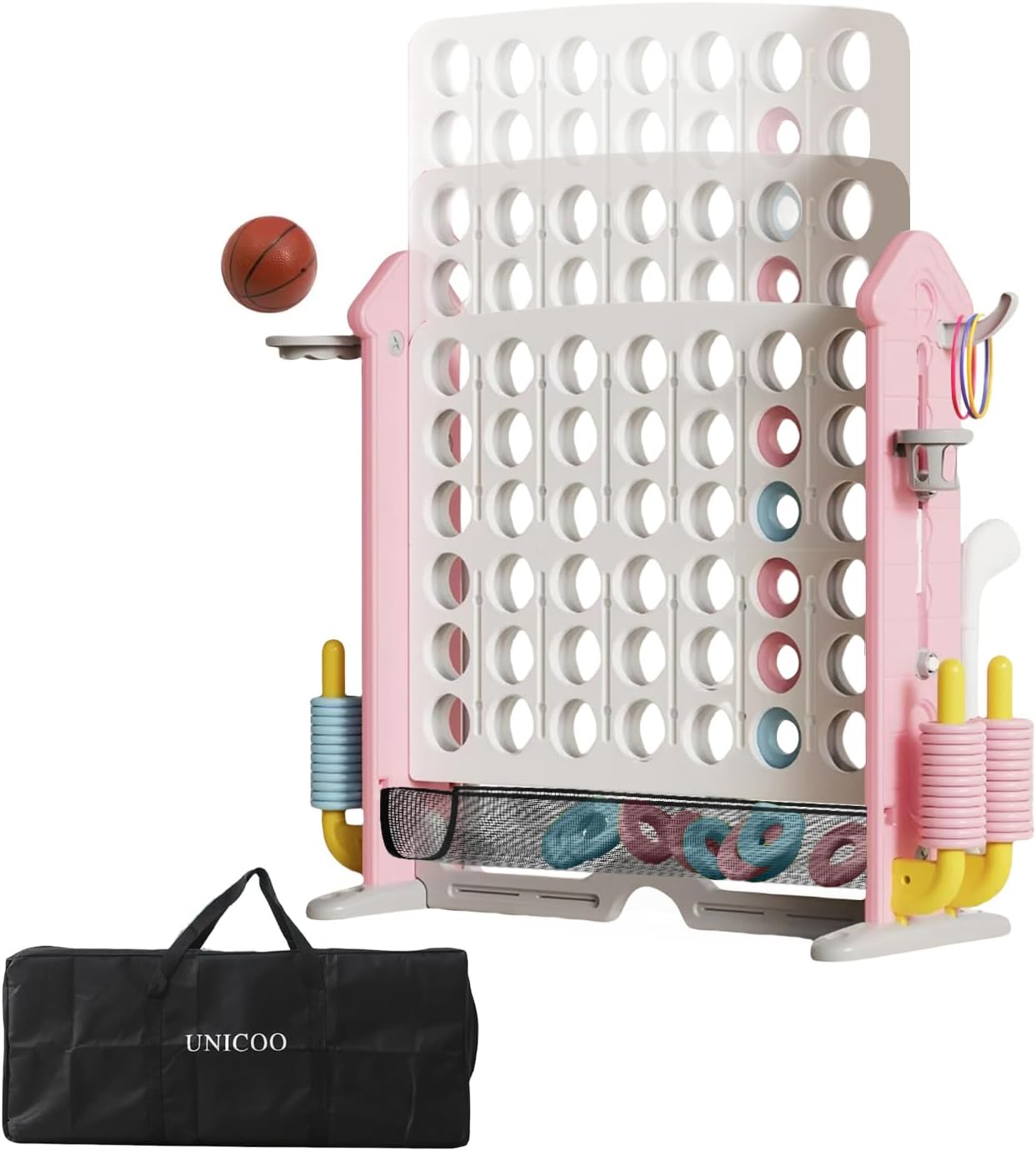 UNICOO Giant 4 in A Row Game with Carry Bag, Basketball Hoop, Ring Toss Game, 4-to-Score Game | Large Outdoor Yard Game, Parties & Gatherings Games