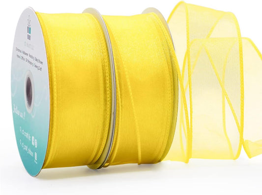 CT CRAFT LLC Sheer Organza Wired Ribbon 1.5" x 25 Yards x 2 Rolls Yellow for Wedding Chair Bow Flora Bouquet Gift Wrapping Christmas Tree Home Decor Wreath