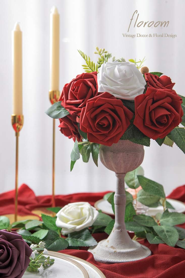Floroom Artificial Flowers 50pcs Real Looking Dark Red Foam Fake Roses with Stems for DIY Wedding Bouquets Bridal Shower Centerpieces Floral Arrangements Party Tables Home Decorations