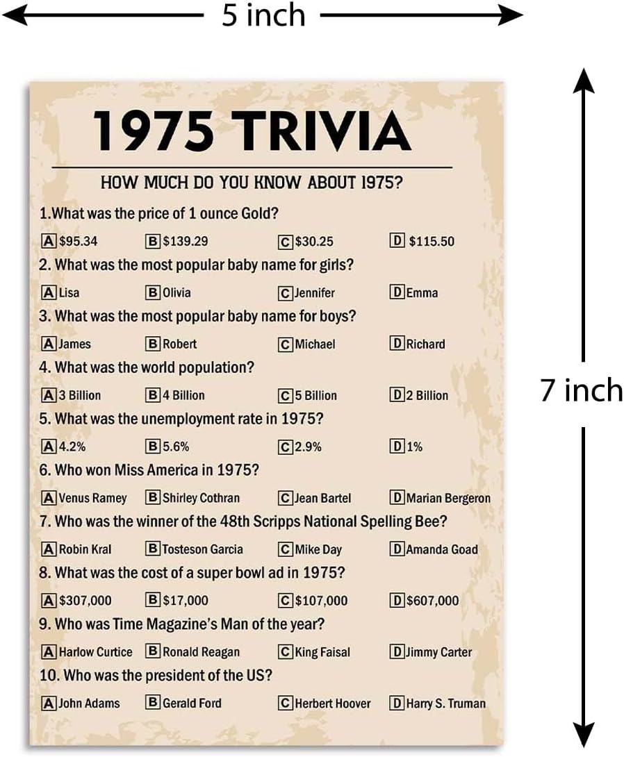 50th Birthday Party Games, 1975 Trivia Games, Birthday Party Supplies for Adults, Fun 1975s Party Game，Pack of 30 Cards