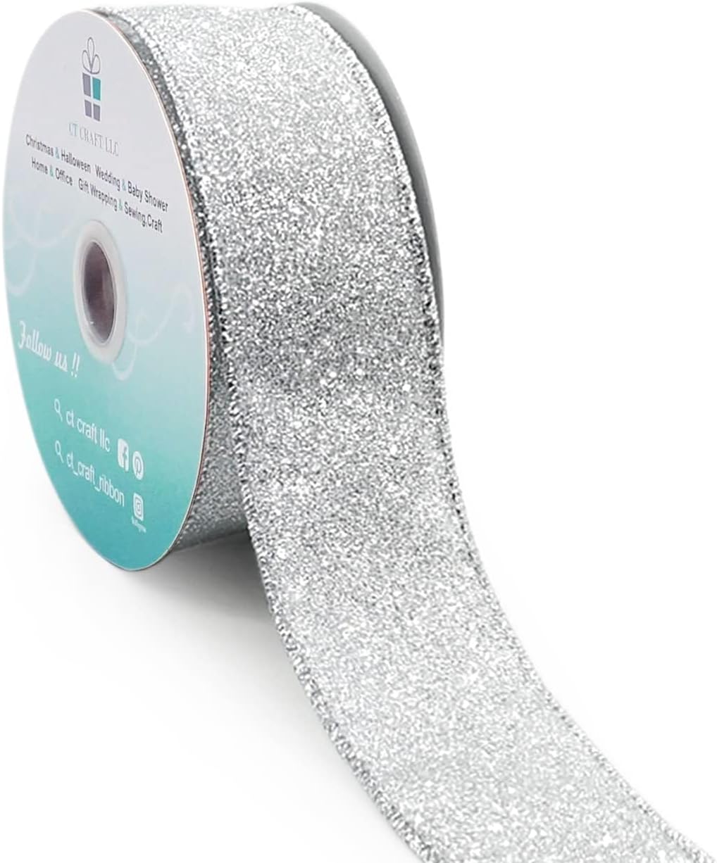CT CRAFT LLC Glitter Wired Ribbon 1.5" x 10 Yards Silver for Christmas Home Decor Bow Gift Wrapping DIY Crafts Wreath