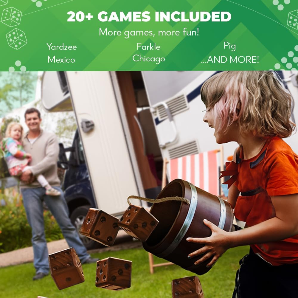 SWOOC Games - Yardzee, Farkle, & 20+ Giant Dice Games (All Weather) with Wood Bucket, 5 Scorecards, & Marker - Yard Dice Outdoor Game for Family - Giant Backyard Game Set - Outside Jumbo Lawn Fun