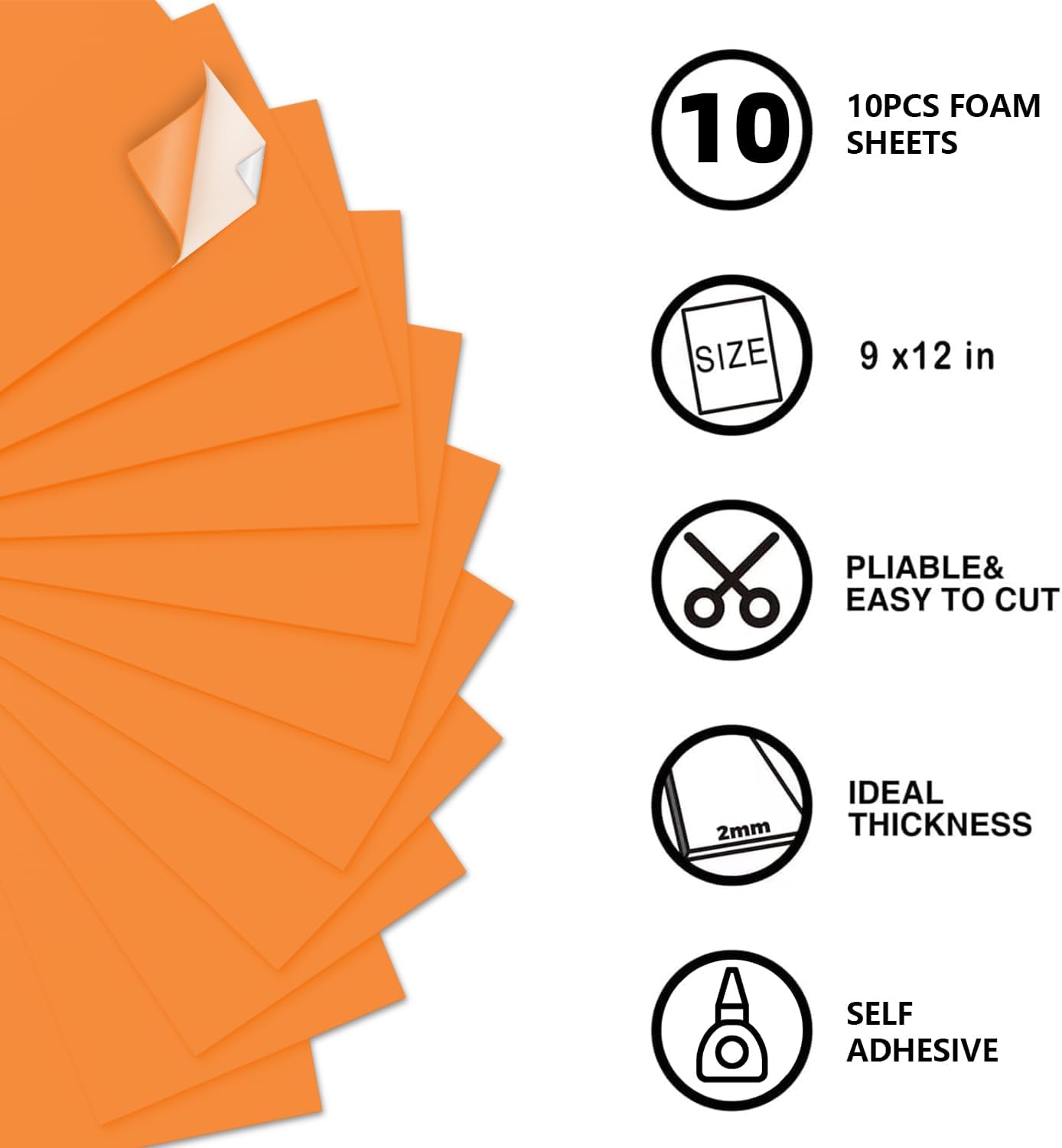 MEARCOOH Self Adhesive Foam Sheets, Orange 9x12 Inch 2mm Sticky Eva Foam Paper for Crafts Cardmaking Photo Frames Classroom Scrapbooking Christmas Crafts (Orange 10 Sheets)