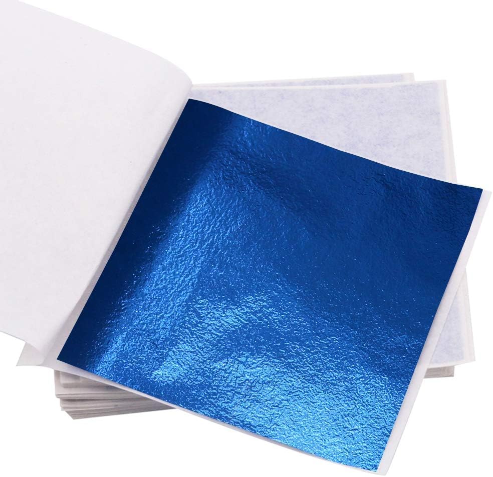 KINNO 100 Sheets Imitation Gold Foil Sheets - Blue Gold Leaf Sheets for Arts Decoration, Sculpture, Gilding, Nails, Handcrafts, Picture Frames, Paintings, Furniture, Wall, 3.15 by 3.35 Inches