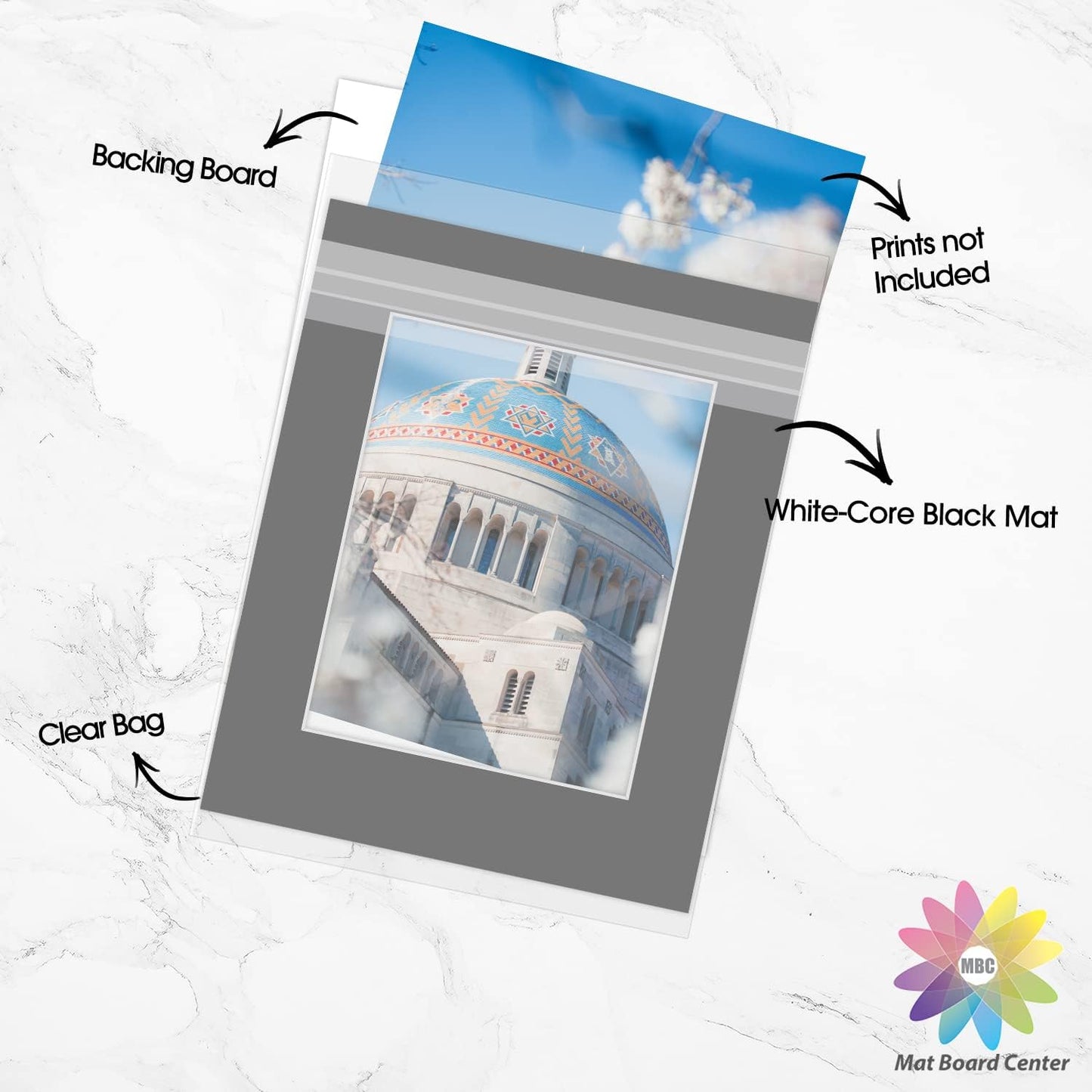 Mat Board Center, Pack of 10, 16x20 for 11x14 Black Picture Mat Sets - Acid Free, 4-ply Thickness, Bevel Pre-Cut White Core - Includes Backing Boards and Clear Bags - for Pictures, Photos, Framing