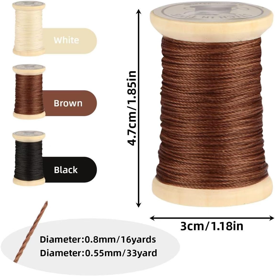 Natural Waxed Thread, 0.55mm/0.8mm, Wax Thread for Handcrafted Wrapping, Sewing, Bookbinding, Leather Threads, Beginners Craft DIY, Hemp Cord (Black/Brown/White, 0.8mm/16 Yards)