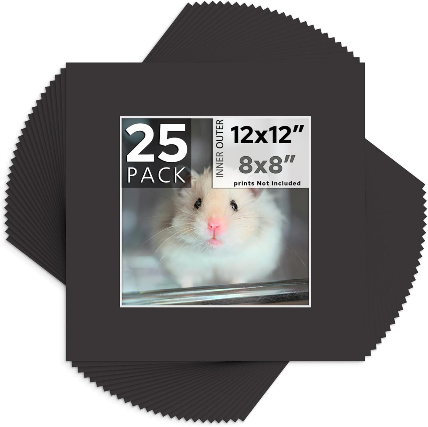 Mat Board Center, Pack of 25, 12x12 for 8x8 Black Mats - Acid Free, 4-ply Thickness, White Core - for Pictures, Photos, Framing