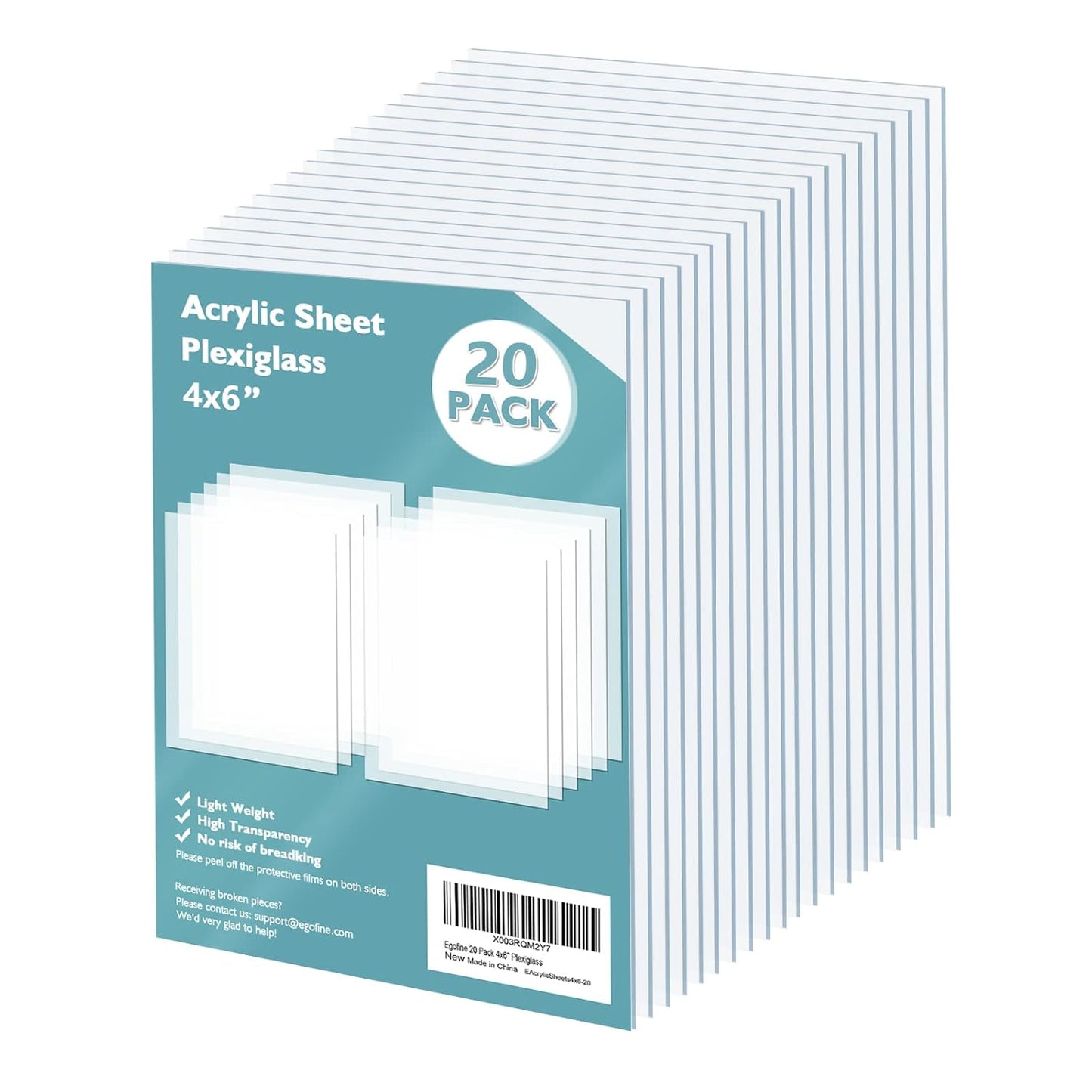Egofine Plexiglass Sheets Acrylic Sheets 20 Pack of 4x6’’ 0.04 Thick Clear Plastic Cast Transparent Plexi Glass for Crafting Projects, Replacement Picture Frame Glass, DIY Display, Easy to Cut