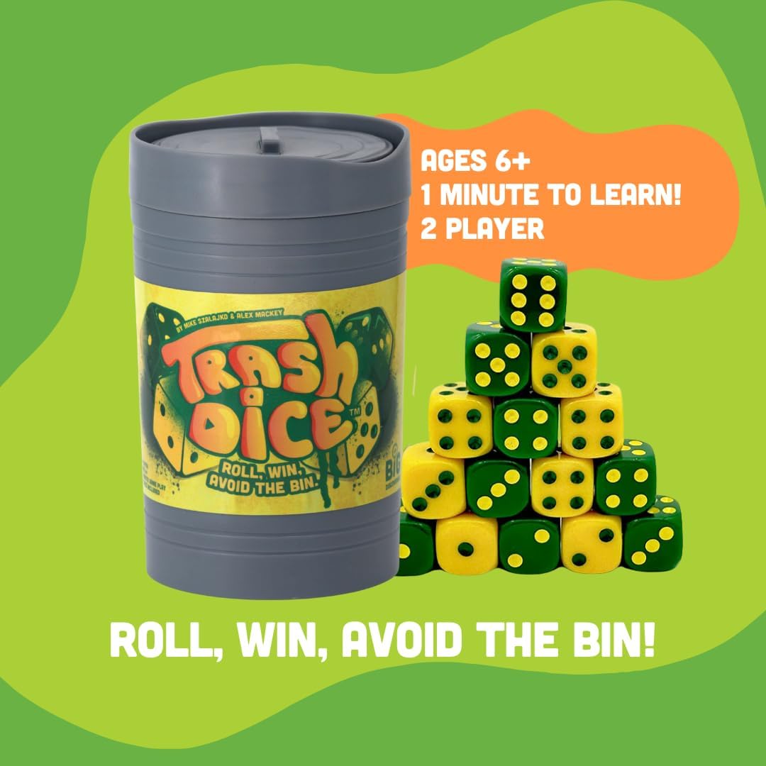 Big Discoveries Trash Dice - Fast-Paced Family Dice Game | Exciting 2-Player Board and Dice Game with Trash Can and Dice Set | for Travel, Party, and Games Night