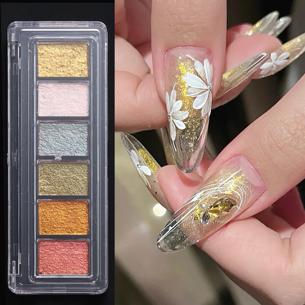 6 Colors Solid Metallic Nail Glitter Powder Set, Gold Foil Flakes for Resin, Holographic Chameleon Sparkly Gilding Flakes Kit for Gel Polish Nail Art Decorations…