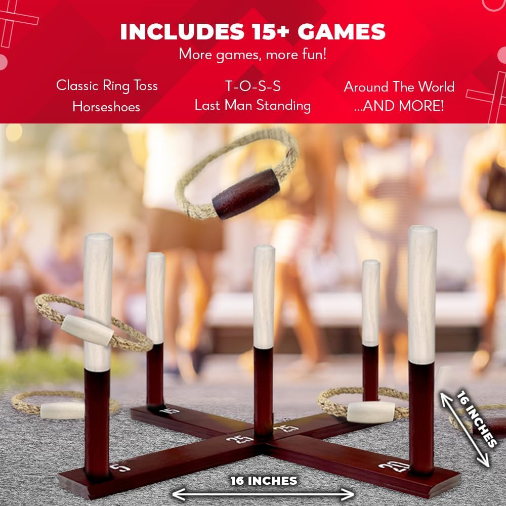 SWOOC Games - Rustic Ring Toss Game (All Weather) - Easy Setup & Extra Games Included - Ring Toss Game for Adults - Outdoor Acitivities for Adults - Yard Toys for Kids - Backyard Fun - Outdoor Party