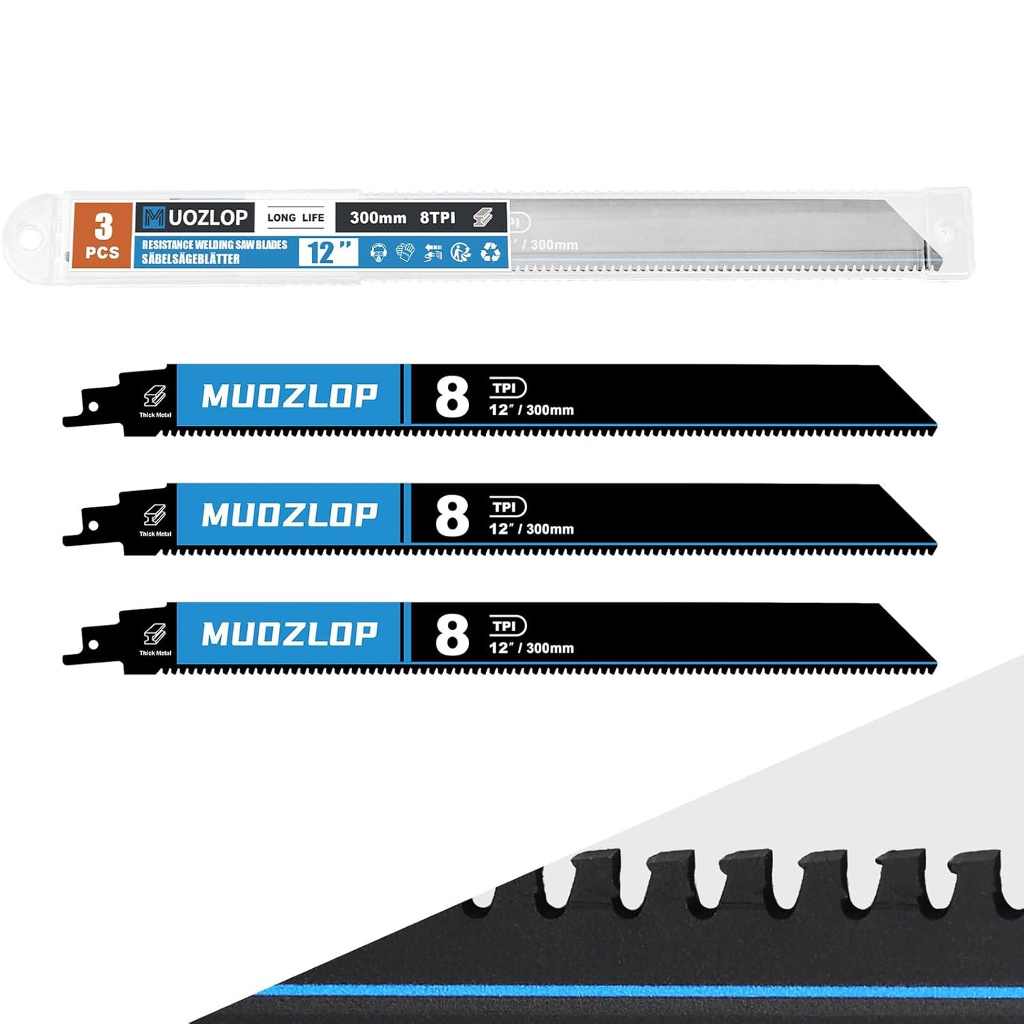 3 Pack 12 inch Reciprocating Saw Blades Set， 8 TPI High Carbon Saw Blades for Metal ，Saw Blades with Organizer Case (3, 8T/12inch)