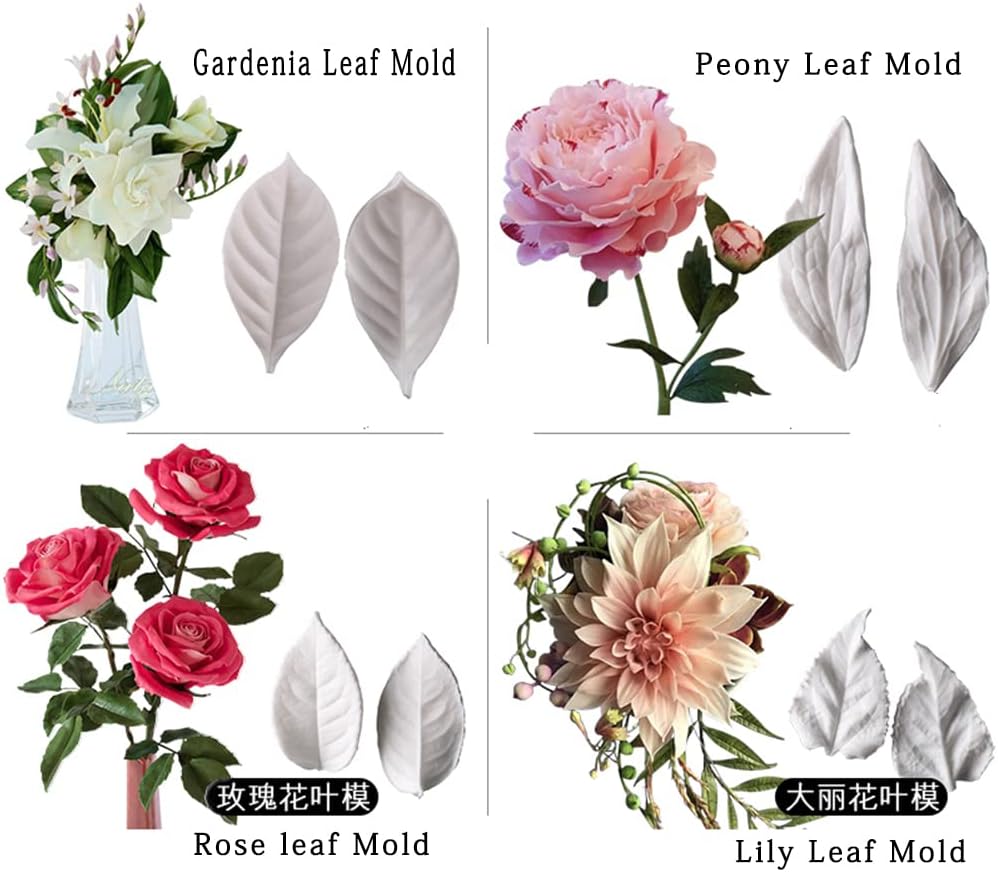 KALAIEN 8Pcs Sugar Paste Leaf Veiners Fontant Mold Fondant Silicone Leaf Rose/Peony/Lily 3D Craft Tool