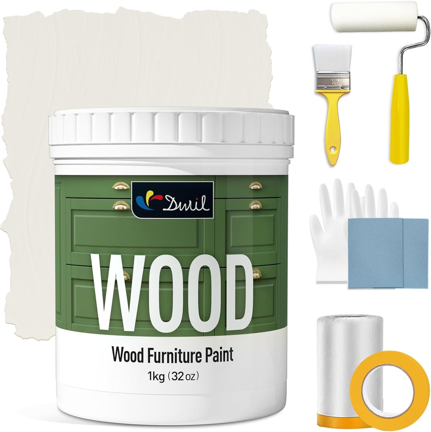 DWIL Matte Finish Furniture Paint - 32 Oz Wood Paint for Cabinets, Doors, Tables, and Dressers Refinishing - Water-Based, Non-Toxic & Odorless, Easy to Apply(Ivory White)-With Tools